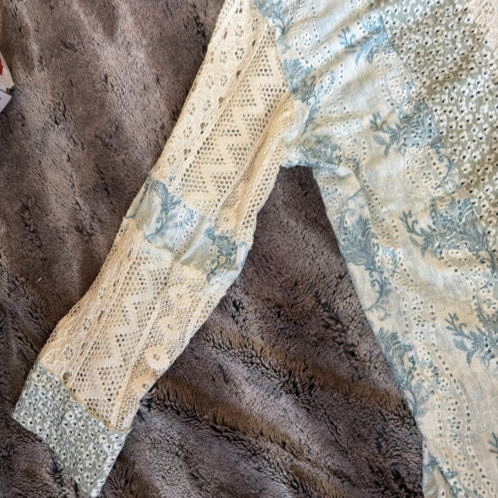 POL Patchwork Lace Blue Green Button Up Shirt Top… - image 6